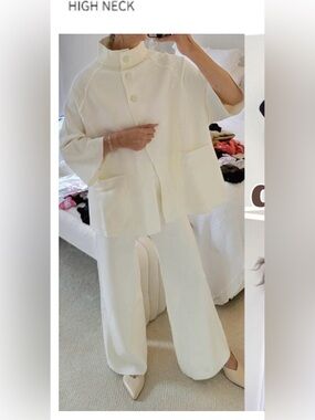 2 piece Cream High Neck  knit Sweater Lounge Set